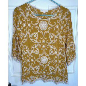 Solitaire Women's Embroidered Floral Blouse Sz M Scallop Hem Peasant Ornate Boho